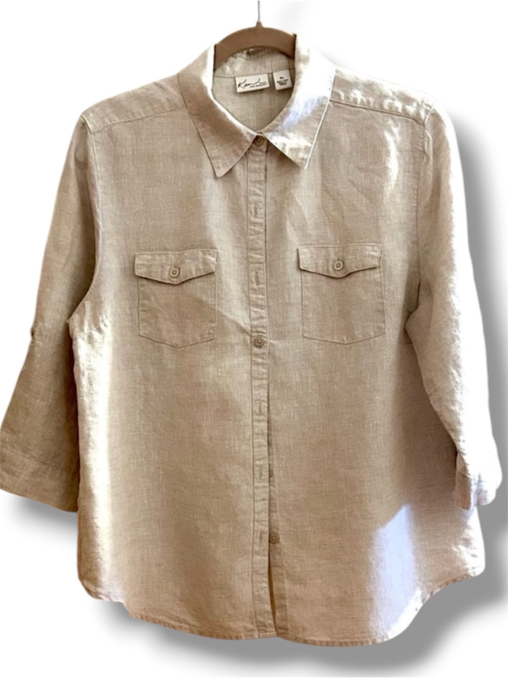 100% Linen Button Down Blouse Adj Sleeves Classic All Seasons Layer Natural Ecru